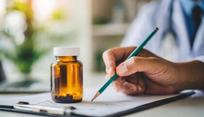 Hand writing prescription with pill bottle in focus against clean wall backdrop