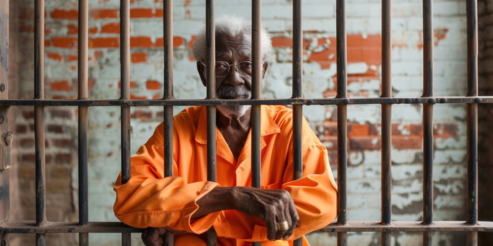 Senior African-American criminal behind bars in prison. Prisoner sit look into camera. Depicting imprisonment, criminal justice fair punishment, spend life in locked jail, incarceration theme concept