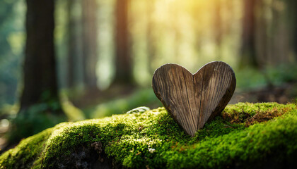 wooden heart on moss in forest cemetery, symbolizing natural burial and tranquility. Funeral background concept