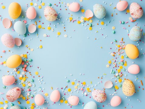 Top view photo of yellow pink blue easter eggs and sprinkles on isolated pastel blue background with blank space in the middle