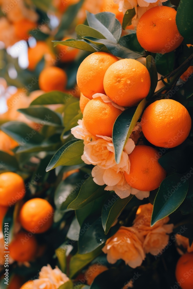 Poster fresh oranges on tree, perfect for food and nature concepts