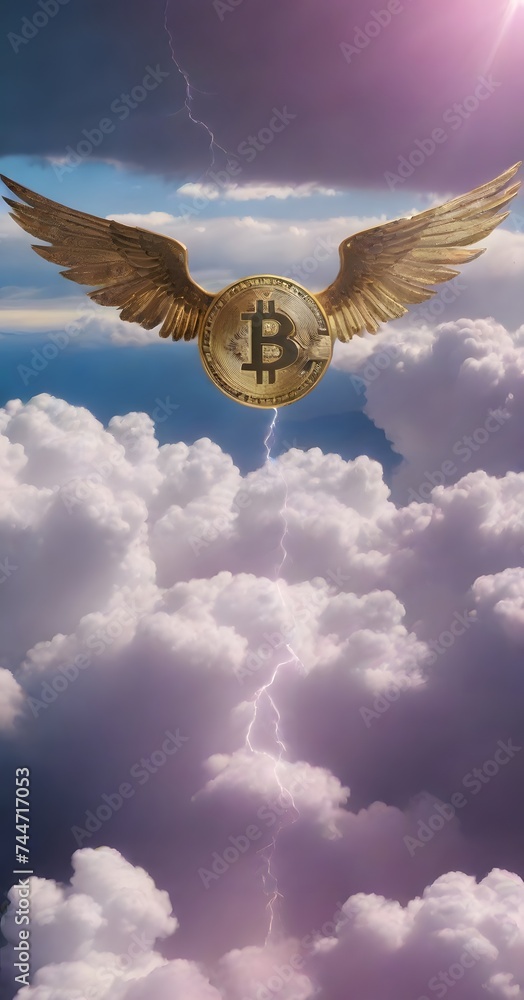 Poster a winged bitcoin soars through a dramatic celestial storm, with rays of light and electricity adding