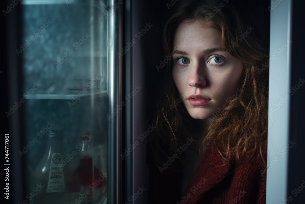 Poster A woman standing by a window in a dimly lit room. Suitable for various interior design concepts