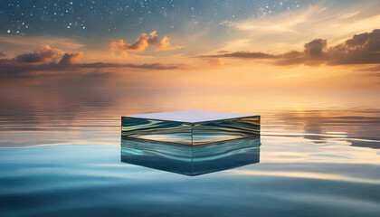 Glass podium on serene water under sunset sky, symbolizing clarity, elegance, and presentation on nature's canvas