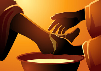 Biblical vector illustration series, iconic biblical scene of Jesus washing the apostles' feet on Maundy Thursday