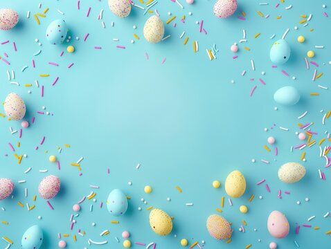 Top view photo of yellow pink blue easter eggs and sprinkles on isolated pastel blue background with blank space in the middle