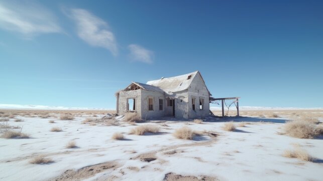 An eerie image of an old abandoned house in a desolate area. Perfect for spooky or haunted themes