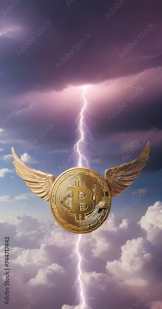 Poster a winged bitcoin soars through a dramatic celestial storm, with rays of light and electricity adding