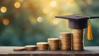 Graduation cap atop growing coins symbolizes student debt payment and financial planning