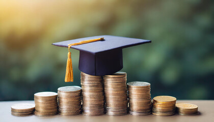 Graduation cap atop growing coins symbolizes student debt payment and financial planning