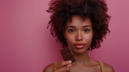 Woman Enjoying a Chocolate Bar isolated on Pink Background - obrazy, fototapety, plakaty