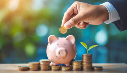 Hand delicately inserts coin into vibrant piggy bank, symbolizing savings, investment, financial literacy, and future planning