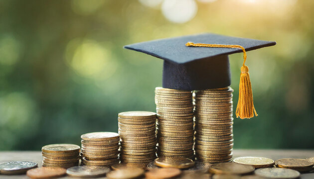 Graduation cap atop growing coins symbolizes student debt payment and financial planning