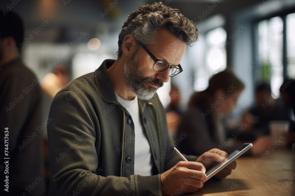 Poster A man with glasses and a beard using a cell phone. Suitable for technology concepts