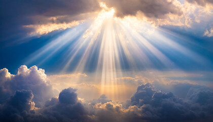 heavenly rays piercing through clouds, evoking dreamy hope and inspiration - obrazy, fototapety, plakaty