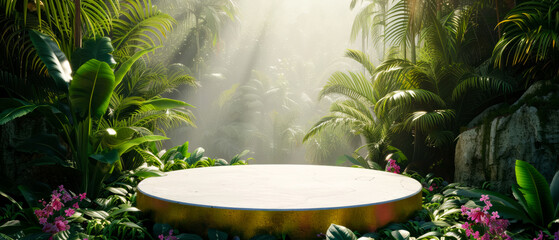 Fototapeta na wymiar White marble platform, podium, with golden texture, shimmer, steam, on jungle tropical leaves background. Mock up, display for product presentation. Lights, shadows effect. Generative AI