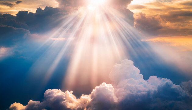 heavenly rays piercing through clouds, evoking dreamy hope and inspiration