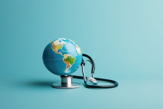 Medical stethoscope and world globe on a blue backdrop. Suitable for healthcare or global concepts
