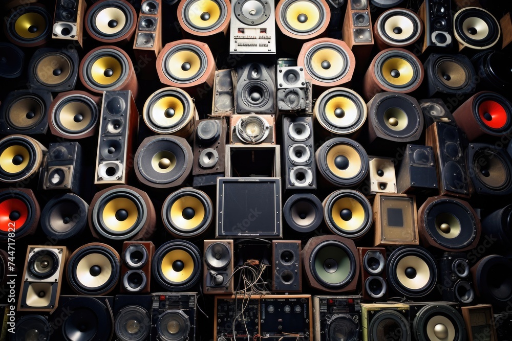Poster a bunch of speakers stacked on top of each other. perfect for music events or technology concepts