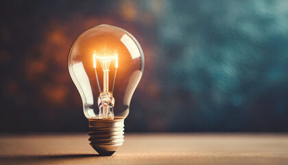 Bright light bulb glowing against clean background, with ample space for caption