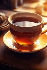 A simple image of a tea cup on a saucer on a table. Suitable for various uses