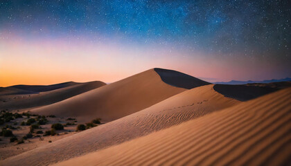 Fototapeta na wymiar desert dunes under gradient starry sky. Symbolic of hope and future under celestial beauty