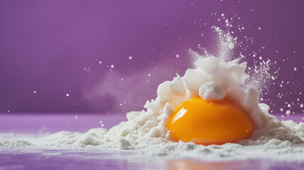 a close up of an egg in a pile of white powder on a purple background with a splash of milk coming out of it.