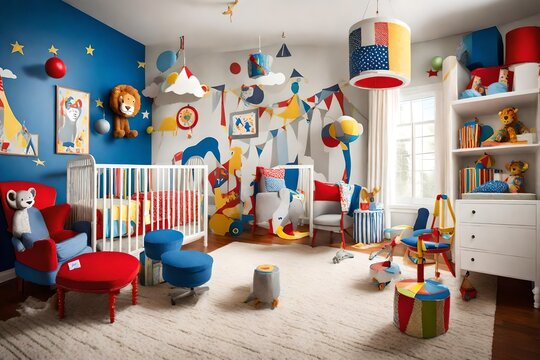 A circus-themed baby's room with bold primary colors, playful patterns, and whimsical circus animal decor. A lively space for a joyful little one