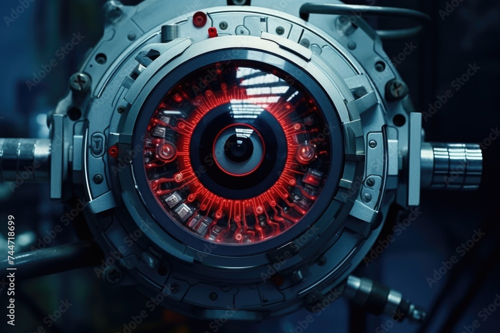 Poster Close up of a machine with a red eye, suitable for technology concepts