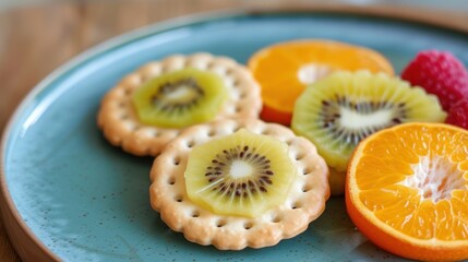 a blue plate topped with crackers covered in kiwis and oranges next to raspberries and strawberries.