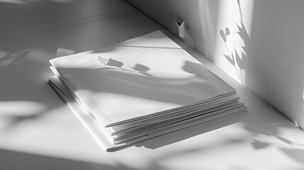 Stack of sheets of paper on the white table. 3d rendering