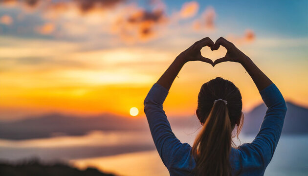 Silhouetted hands of caucasian woman forming heart shape at sunset, symbolizing love, hope, and connection
