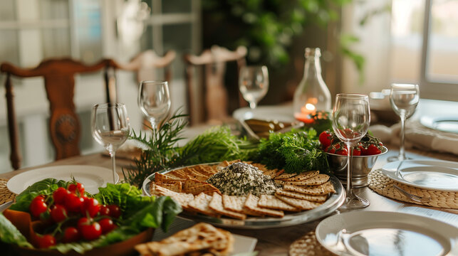 Festive table setting for Jewish Passover holiday dinner. Table served with matzah, pita bread, olive oil, cherry tomatoes, green herbs and wine glasses