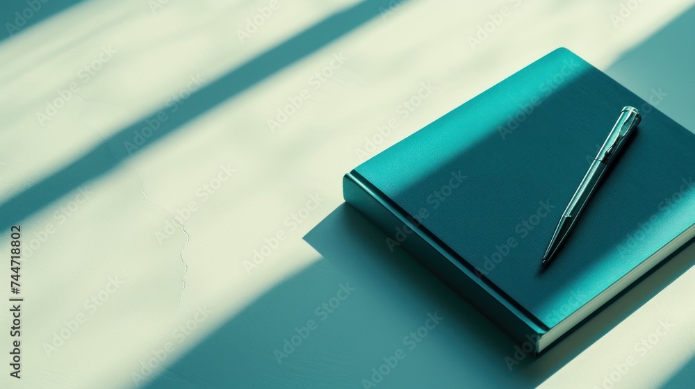 Poster a blue notebook with a pen on top of it sitting on a table with a shadow cast on the wall behind it.