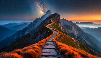 orange path amidst darkness, leading to mountain top at midnight - Powered by Adobe