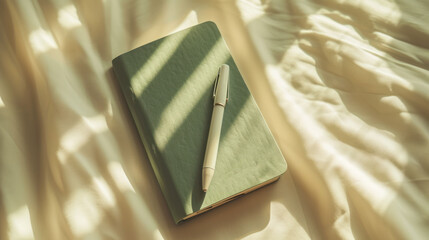 a green notebook sitting on top of a bed with a pen on top of it and a window in the background.