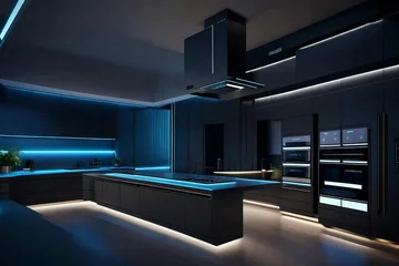 Foto op Plexiglas A high-tech smart kitchen with voice-activated appliances, integrated screens, and futuristic design. The epitome of convenience in the modern home © Momina