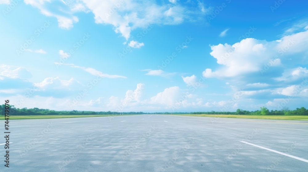 Poster An empty runway with a blue sky in the background. Suitable for aviation and travel concepts