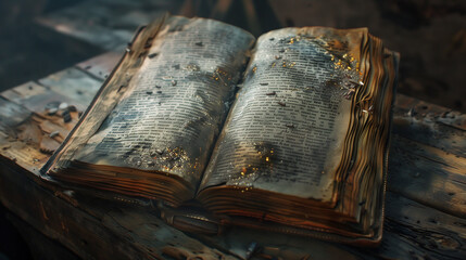 Old book on a wooden table in a dark room. Selective focus.