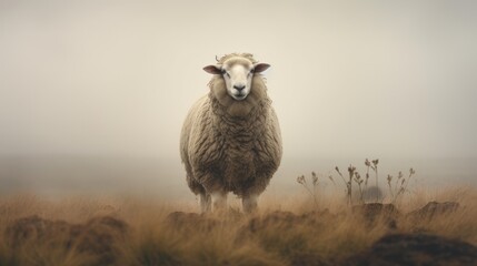Fototapeta premium a sheep standing in the middle of a field on a foggy day with tall grass in the foreground.