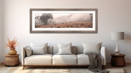 a picture of a living room with a couch and a table with a vase on it and a picture of a tree on the wall.