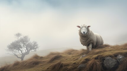 a sheep standing on top of a grass covered hill next to a tree on a foggy day with a lone tree in the background.