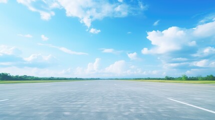 An empty runway with a blue sky in the background. Suitable for aviation and travel concepts - obrazy, fototapety, plakaty