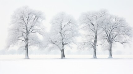 a snow covered field with three trees in the foreground and a foggy sky in the background with only one tree in the foreground.