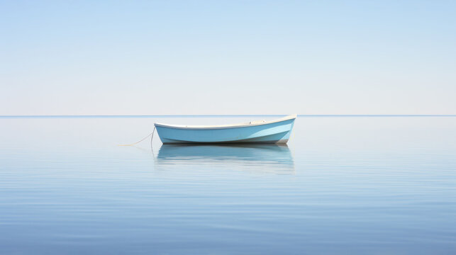 a blue boat floating on top of a large body of water next to a boat on top of a large body of water.