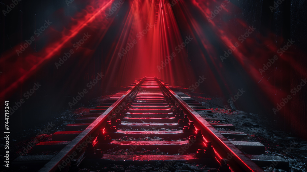 Poster railway tracks in the dark, illuminated by red light. 3d rendering