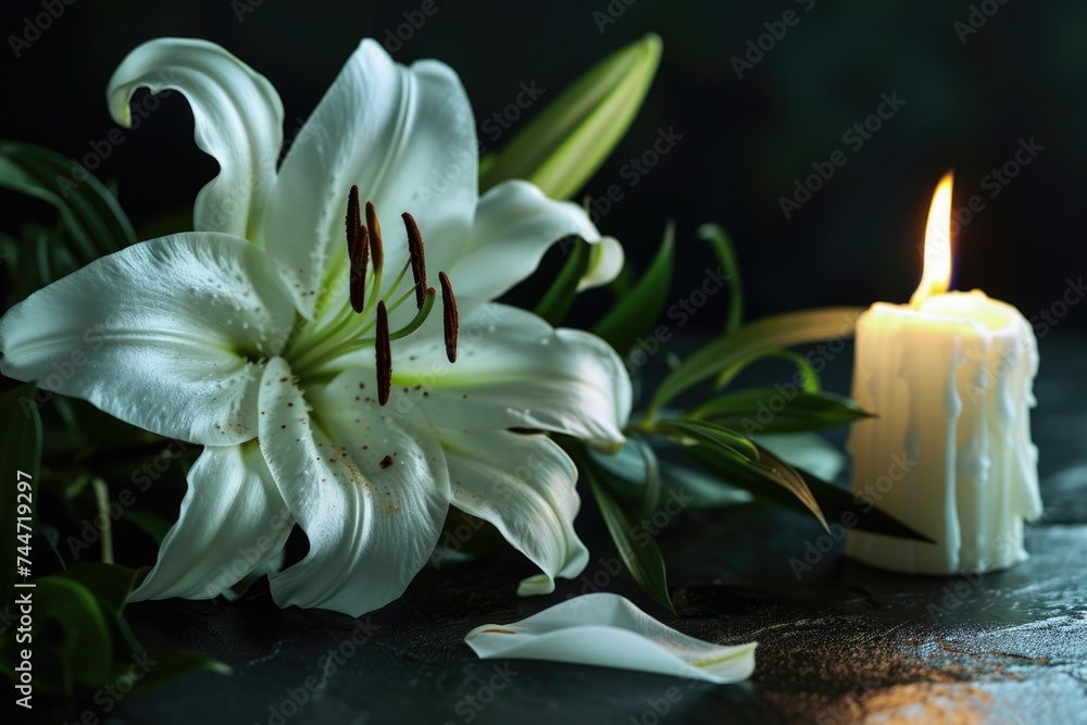 Wall mural grieving with grace: lily and candle on dark background