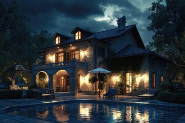 Luxurious Illuminated Residence: A Nighttime View of Expensive Home with Bright Lights