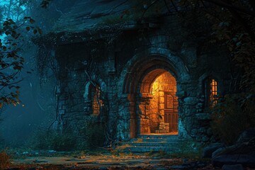 Enchanting Night in an Ancient Forest: Abandoned Stone Building at Dark Waterside