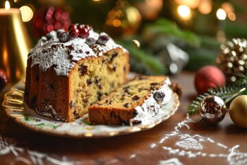 Fototapeta na wymiar Panettone Christmas Delight: Festive Dessert with Holiday Decorations